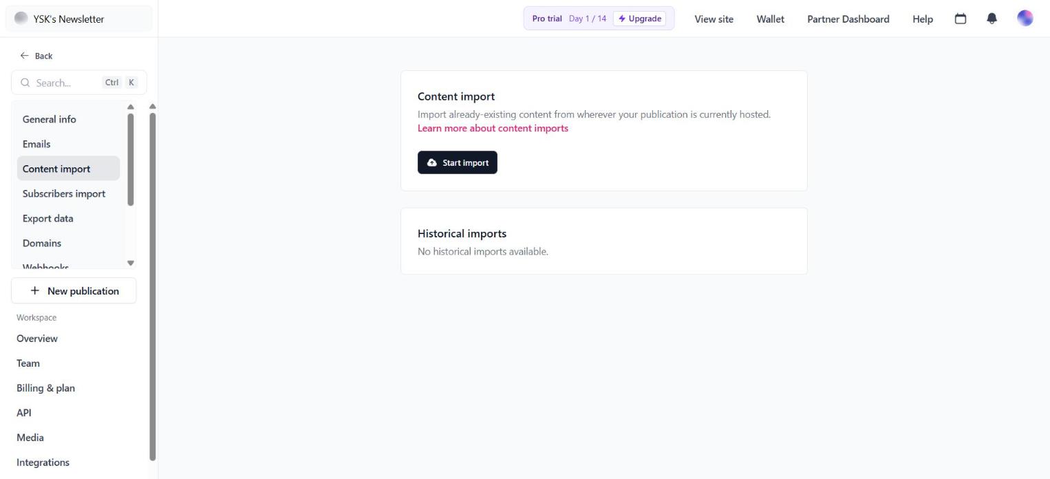 Beehiiv settings page with the Content import tool and a Start import button