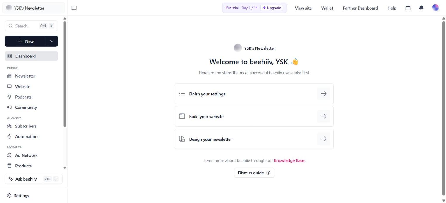 Beehiiv dashboard on day 1 of the 14-day Pro trial, showing the three onboarding steps