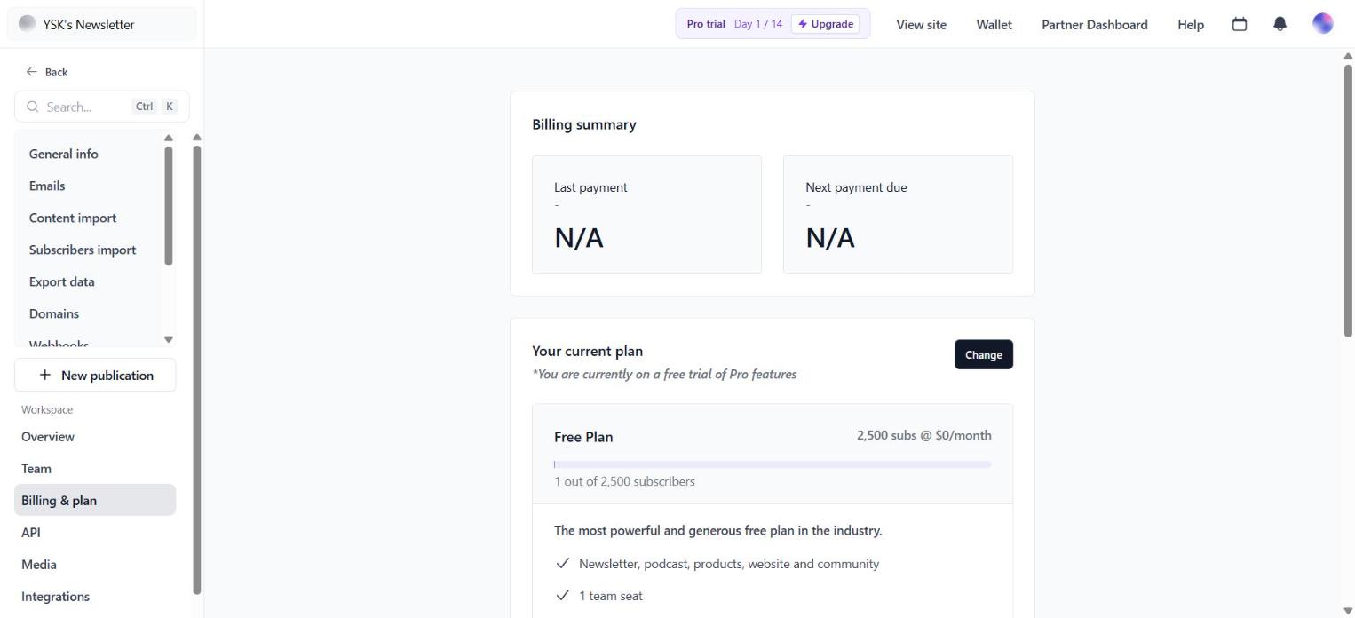 Beehiiv billing page showing the Free Plan: 2,500 subscribers at $0 per month with unlimited email sends
