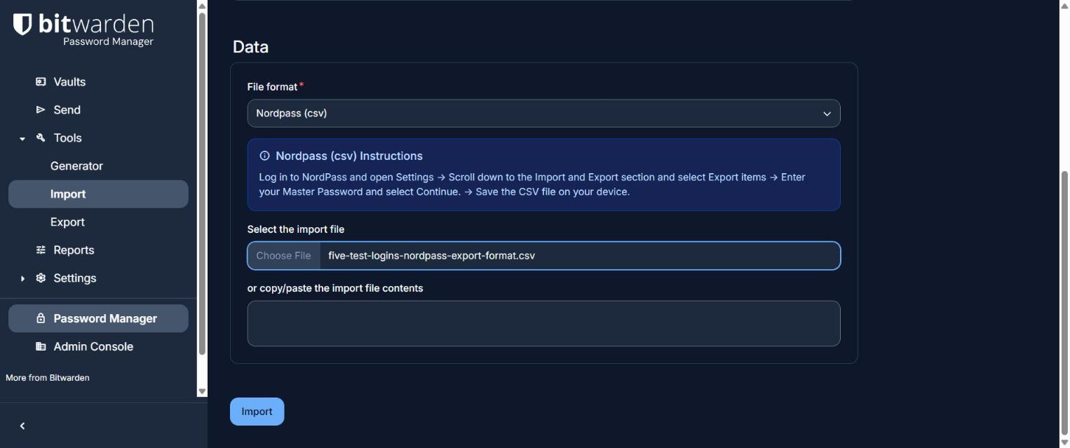 Bitwarden import form with Nordpass (csv) selected and instructions for exporting from NordPass