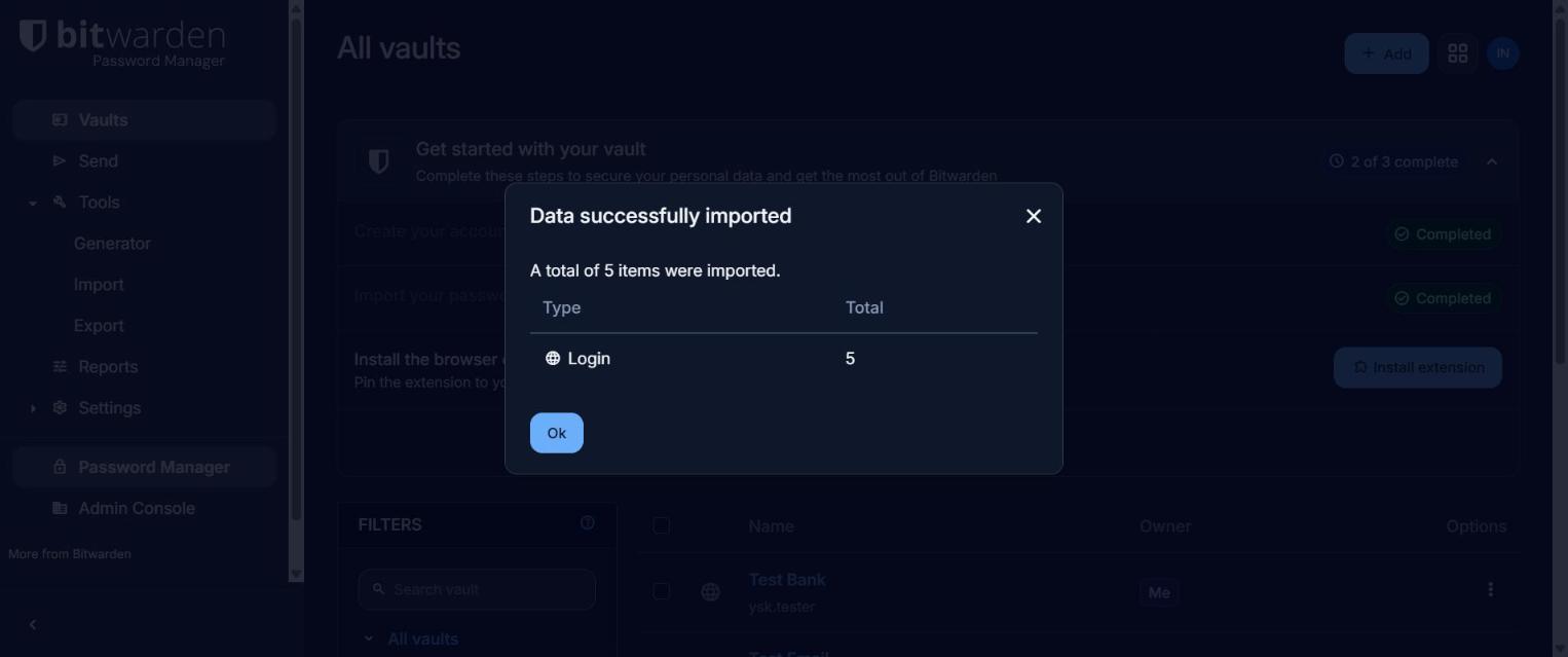 Bitwarden dialog reading Data successfully imported, a total of 5 items were imported