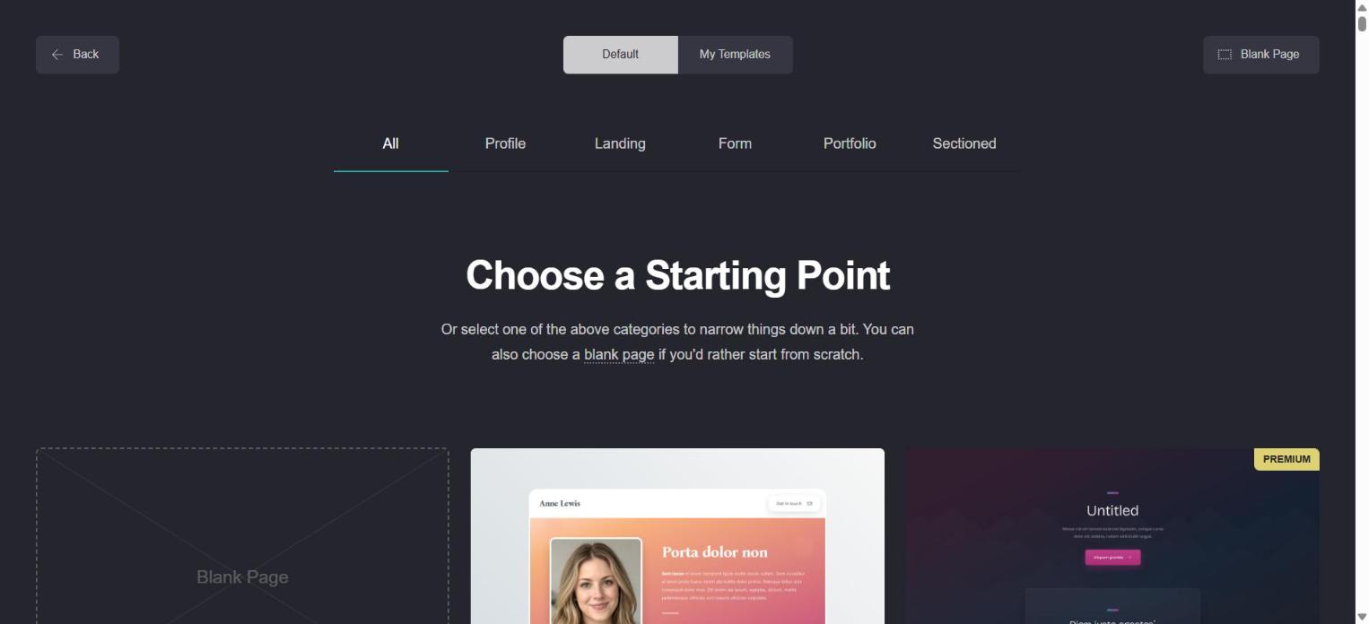 Carrd template gallery titled Choose a Starting Point, with Profile, Landing, Form, Portfolio and Sectioned categories