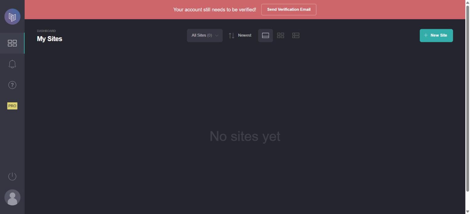 Carrd dashboard with no sites yet and a red banner reading Your account still needs to be verified