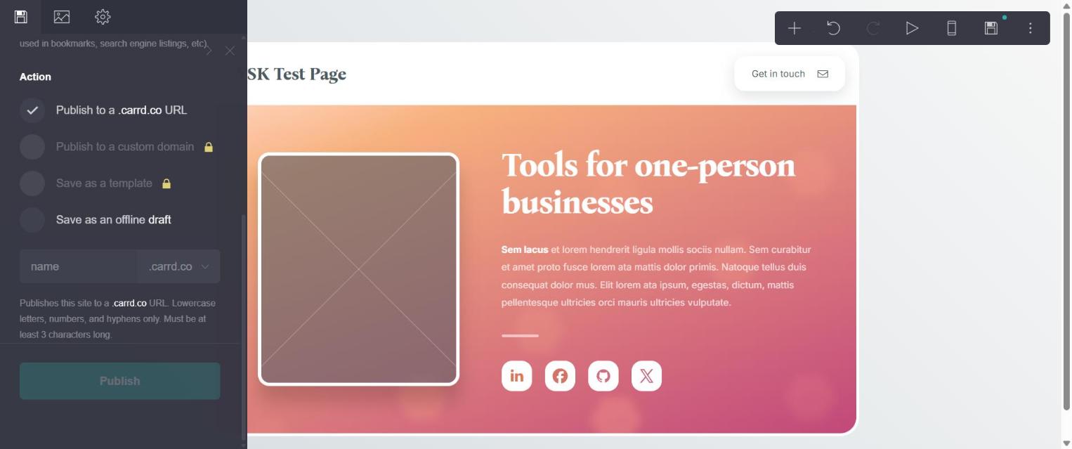 Carrd publish panel on the free plan, with Publish to a custom domain and Save as a template shown locked