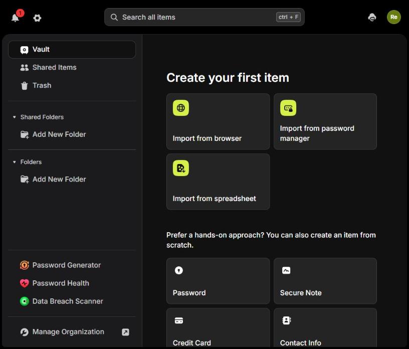 Empty NordPass vault showing Import from browser, Import from password manager and Import from spreadsheet