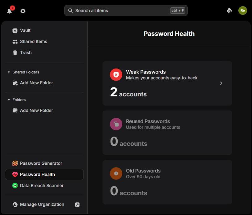 NordPass Password Health showing 2 weak passwords, 0 reused and 0 old passwords