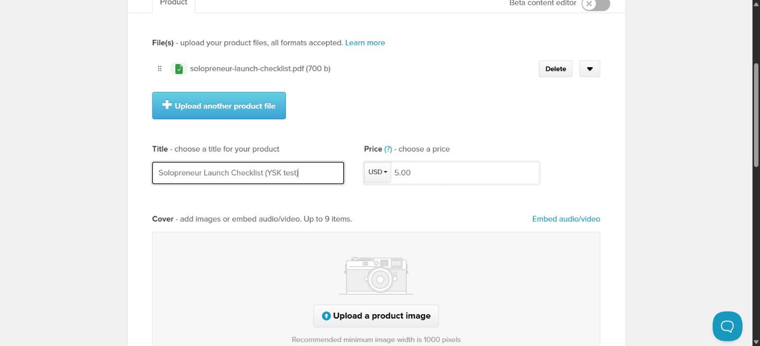 Payhip Add new digital product form with an uploaded PDF, title and price fields