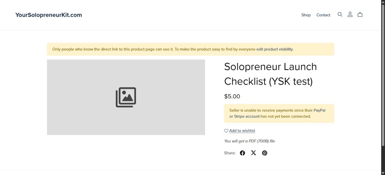 Payhip public product page with a notice that the seller cannot receive payments until PayPal or Stripe is connected