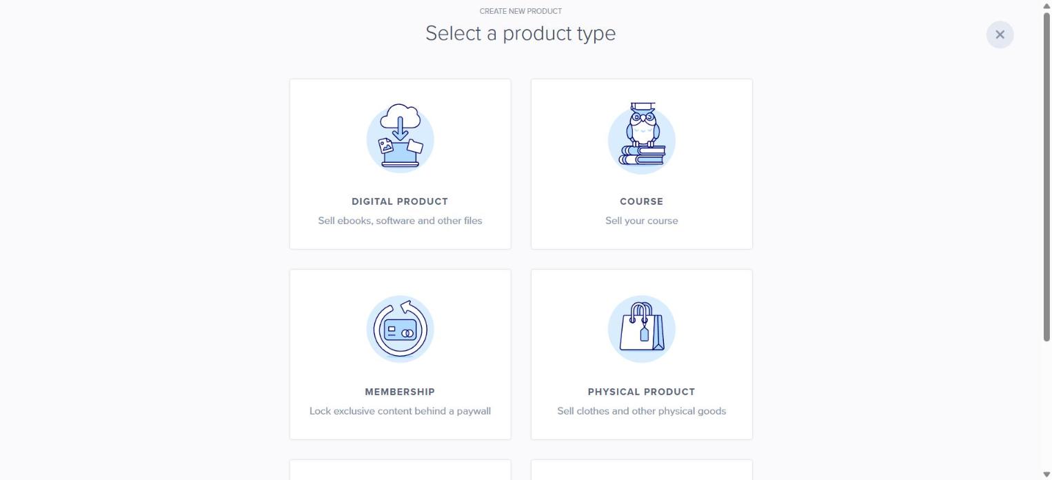 Payhip Select a product type screen with Digital Product, Course, Membership and Physical Product options