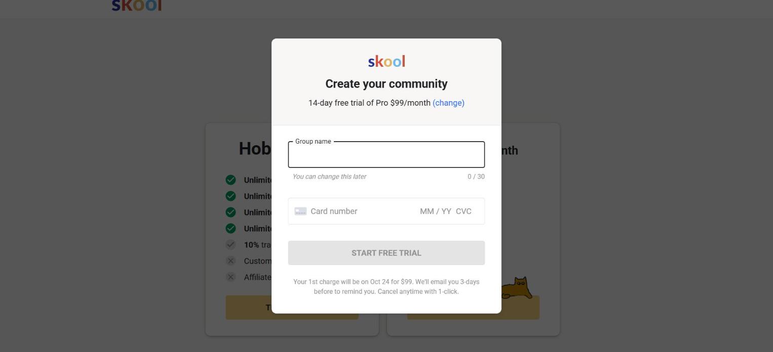 Skool Create your community form asking for a group name and card number, with a note that the first charge will be $99 on October 24