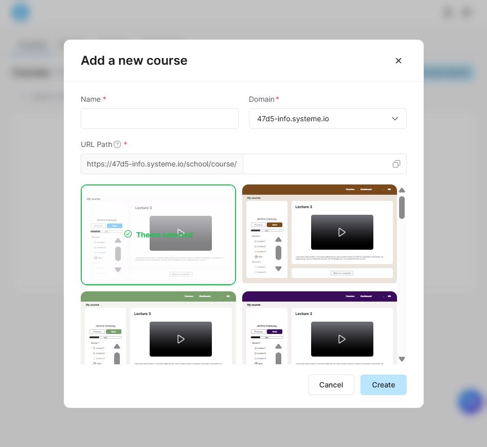 Systeme.io Add a new course form with name, domain, URL path and a grid of course themes