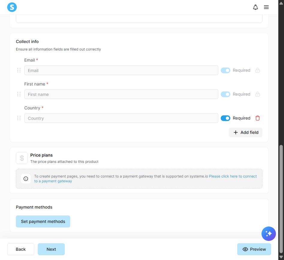 Systeme.io checkout settings with a notice that a payment gateway must be connected before creating payment pages