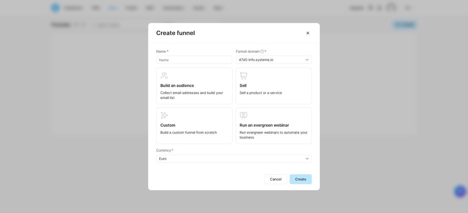 Systeme.io Create funnel dialog with four goals: Build an audience, Sell, Custom and Run an evergreen webinar