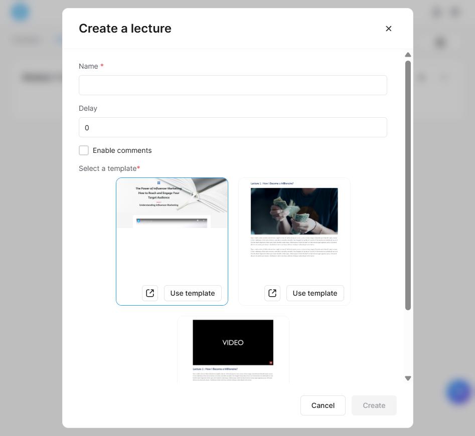 Systeme.io Create a lecture dialog with name, drip delay, comments checkbox and three lecture templates