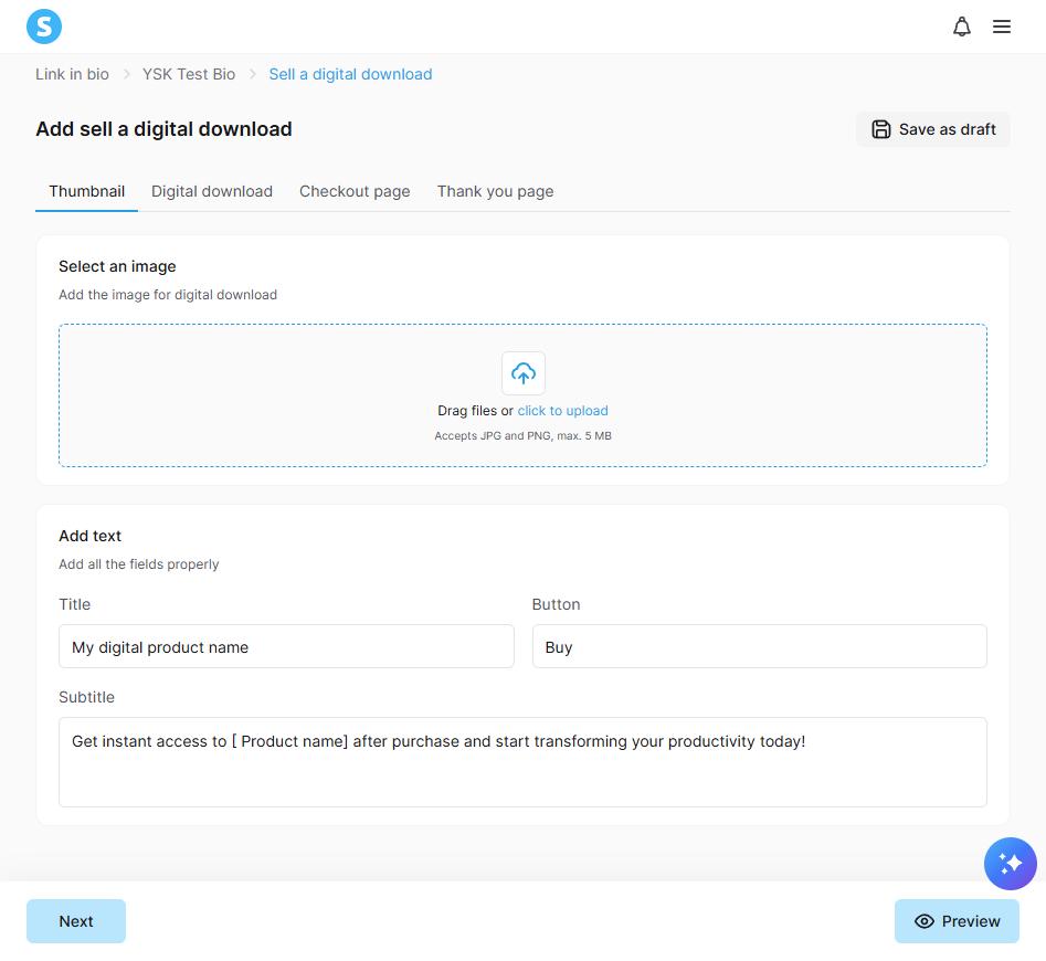 Systeme.io digital download product form with Thumbnail, Digital download, Checkout page and Thank you page tabs