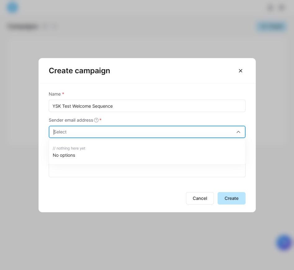 Systeme.io Create campaign dialog with the required sender email address dropdown showing No options
