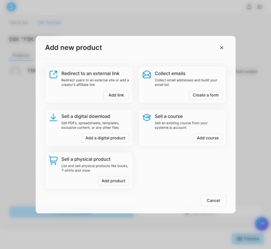 Systeme.io Add new product dialog offering external link, collect emails, digital download, course and physical product