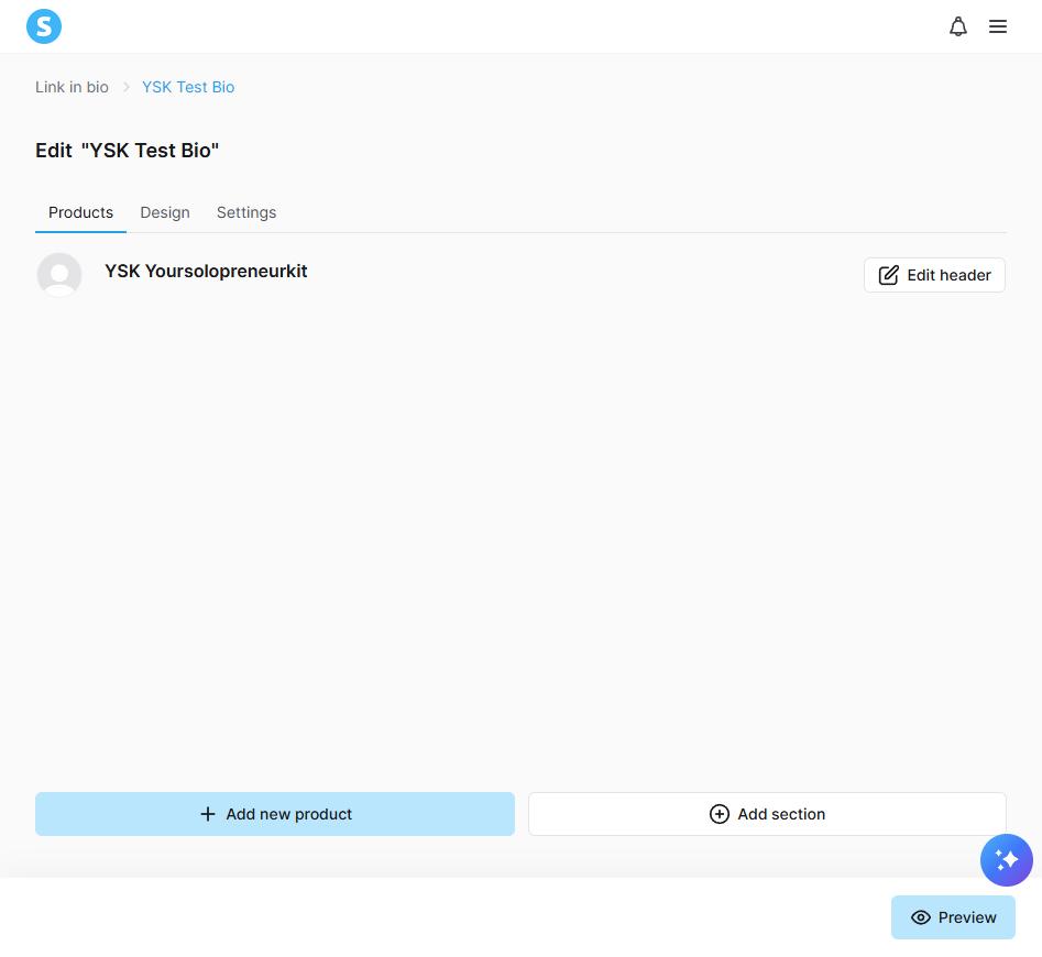 Systeme.io link-in-bio editor with Products, Design and Settings tabs and Add new product and Add section buttons