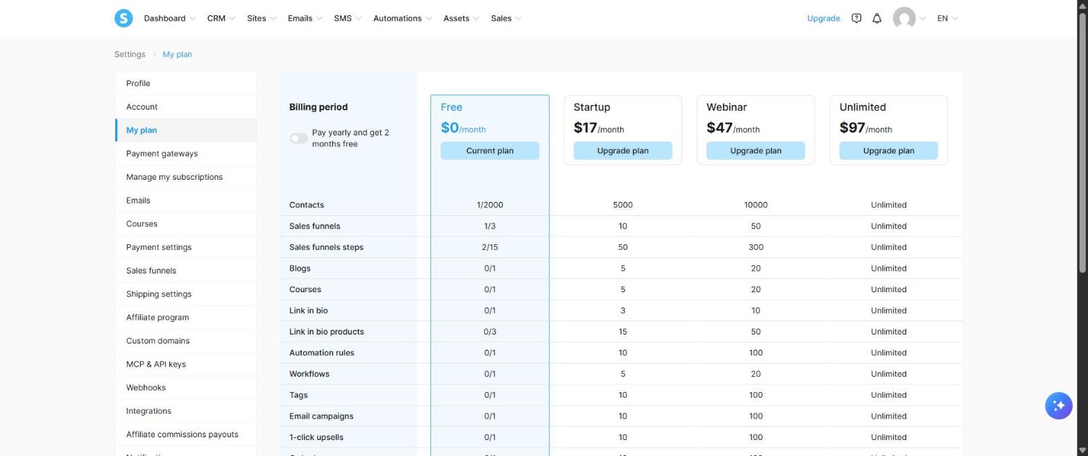 Systeme.io plan screen showing Free at $0, Startup at $17, Webinar at $47 and Unlimited at $97 per month with contact and funnel limits